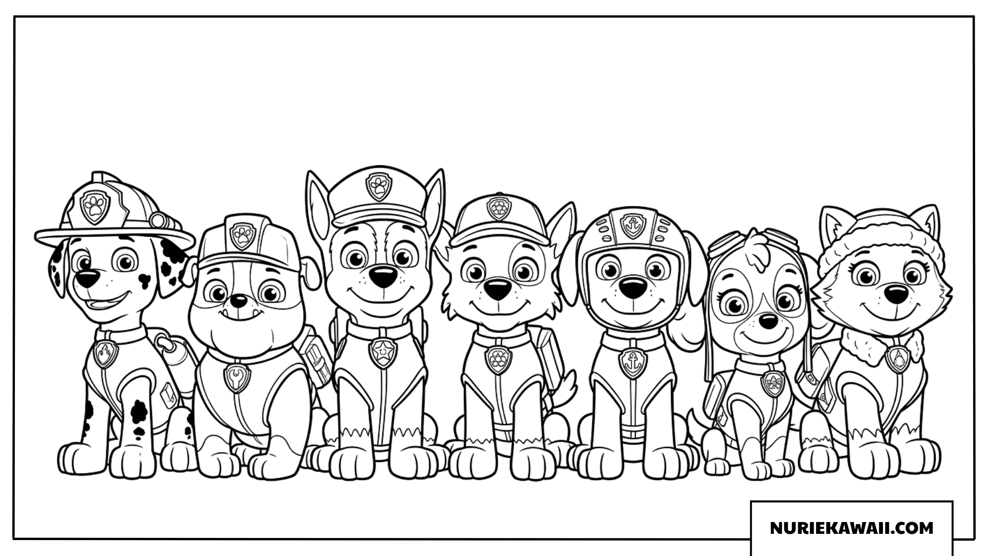 パウパトロールの可愛い子犬たち7匹が横一列に仲良く座っている塗り絵