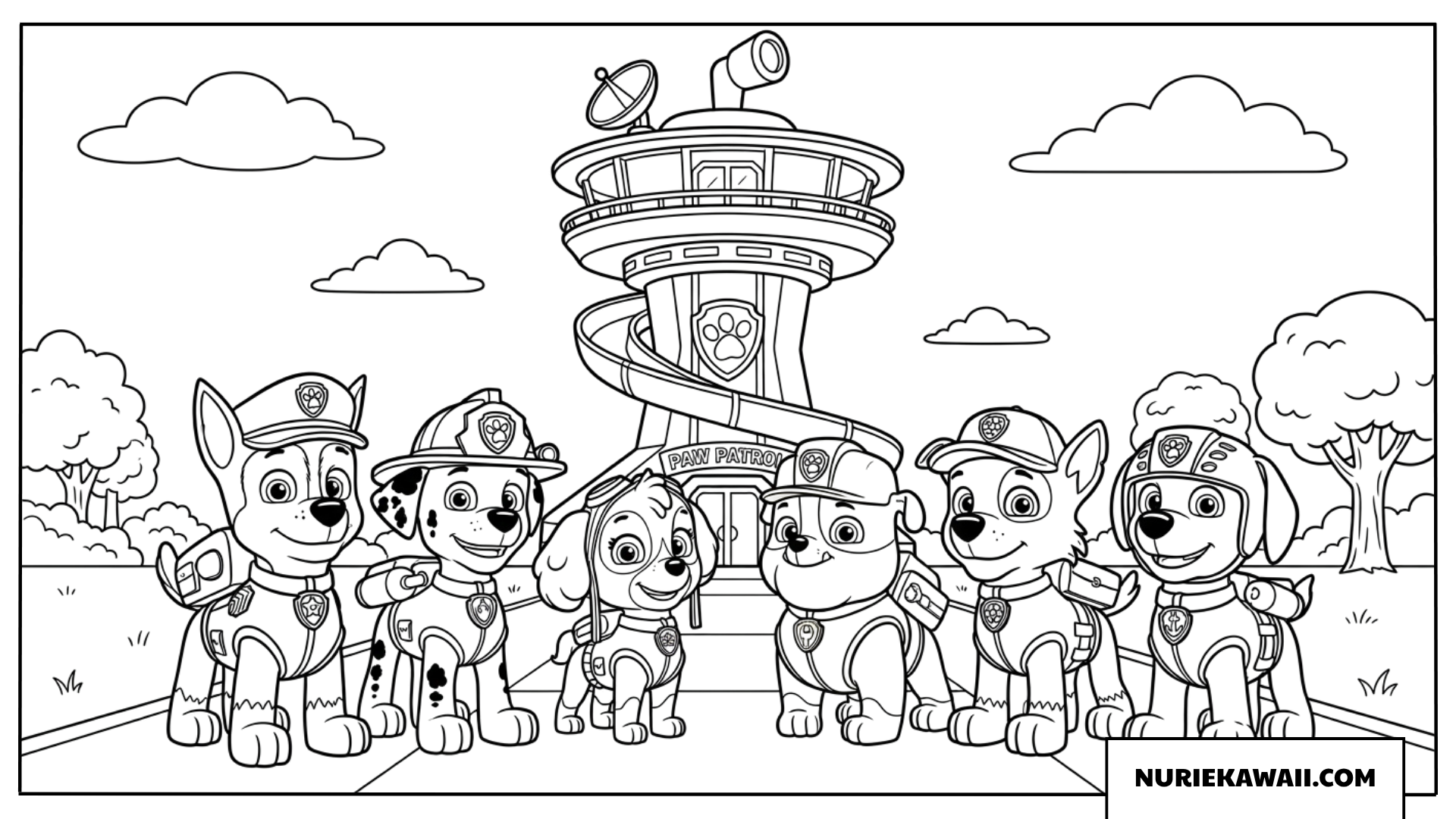 パウパトロールの子犬たちが本部のルックアウトタワー前に集まる塗り絵