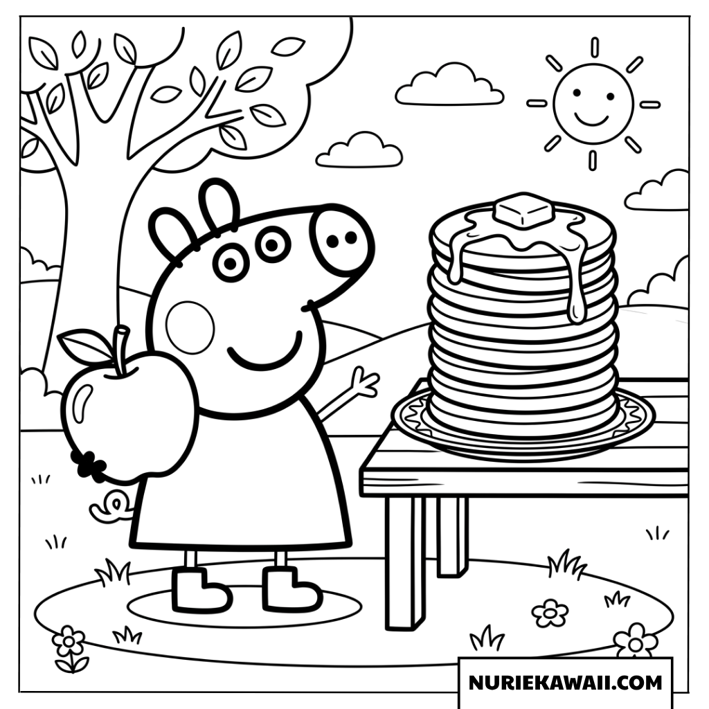 パンケーキと大きなりんごを持つペッパピッグの塗り絵