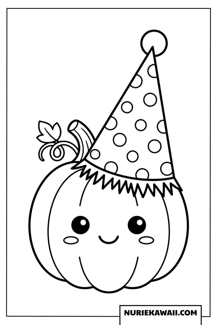 パーティー帽子をかぶった可愛いミニハロウィンかぼちゃの塗り絵