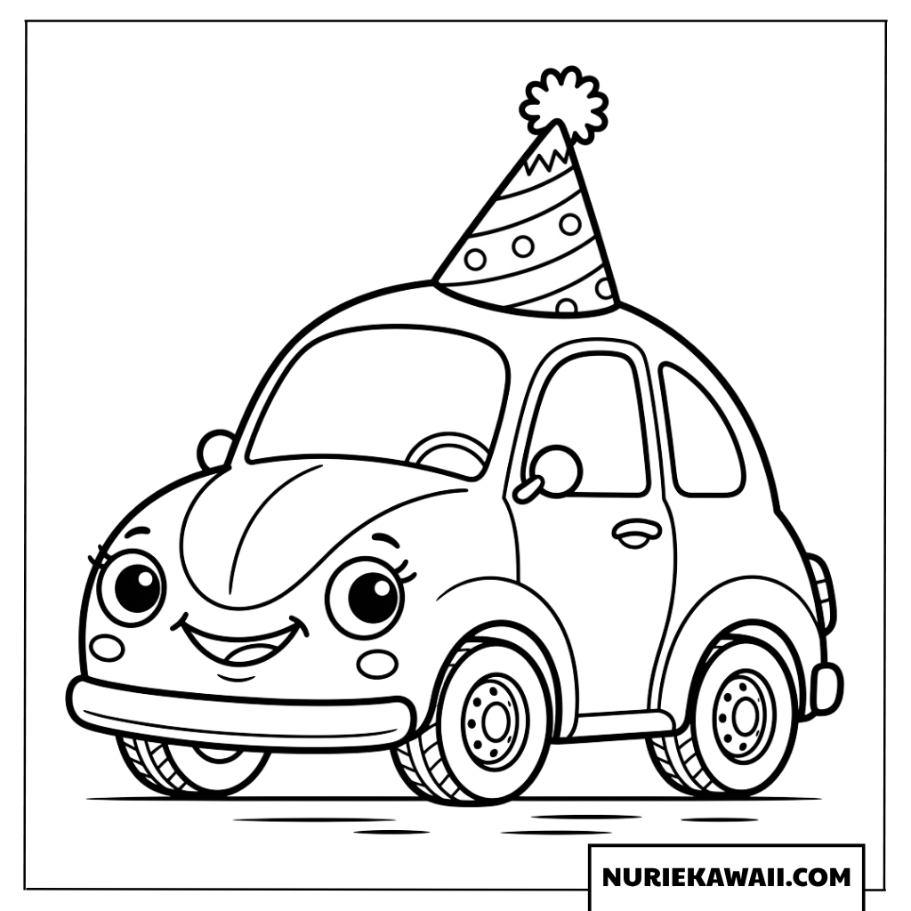 パーティー帽子をかぶった車の塗り絵
