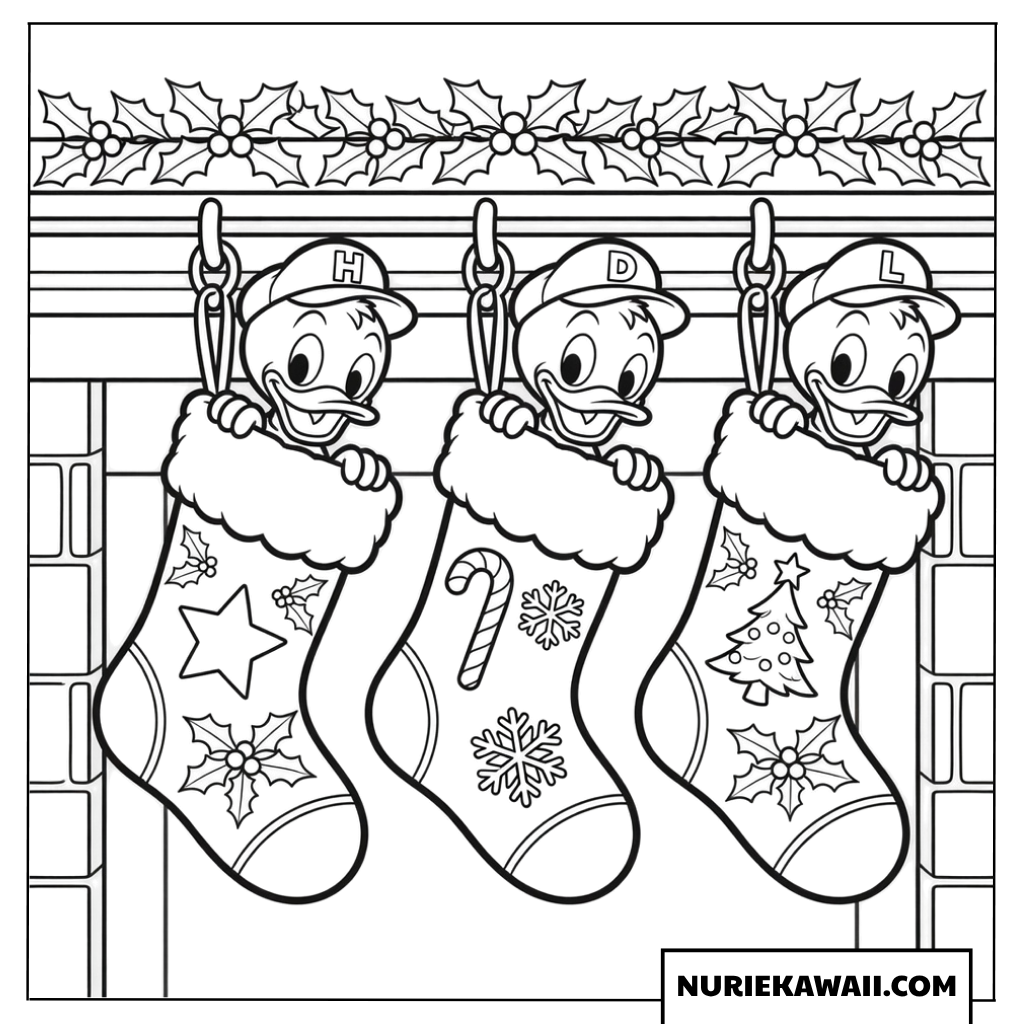 ヒューイデューイルーイの可愛いクリスマスソックス塗り絵