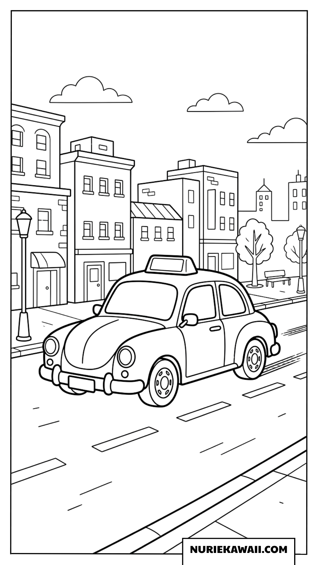 ビルが立ち並ぶ街中の道路を走るレトロなタクシーの塗り絵