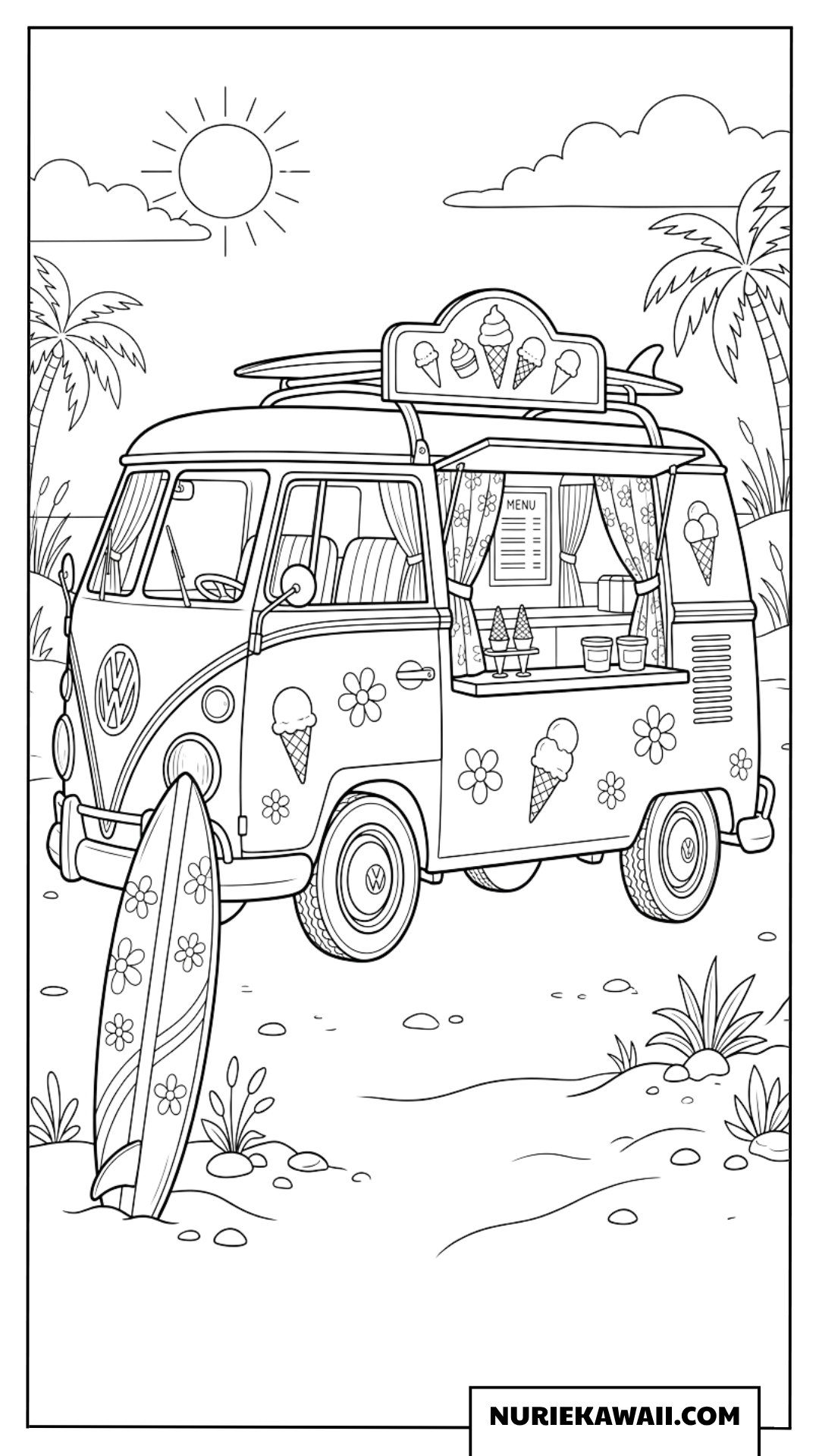 ビーチの夏らしいレトロなアイスクリームカーの塗り絵