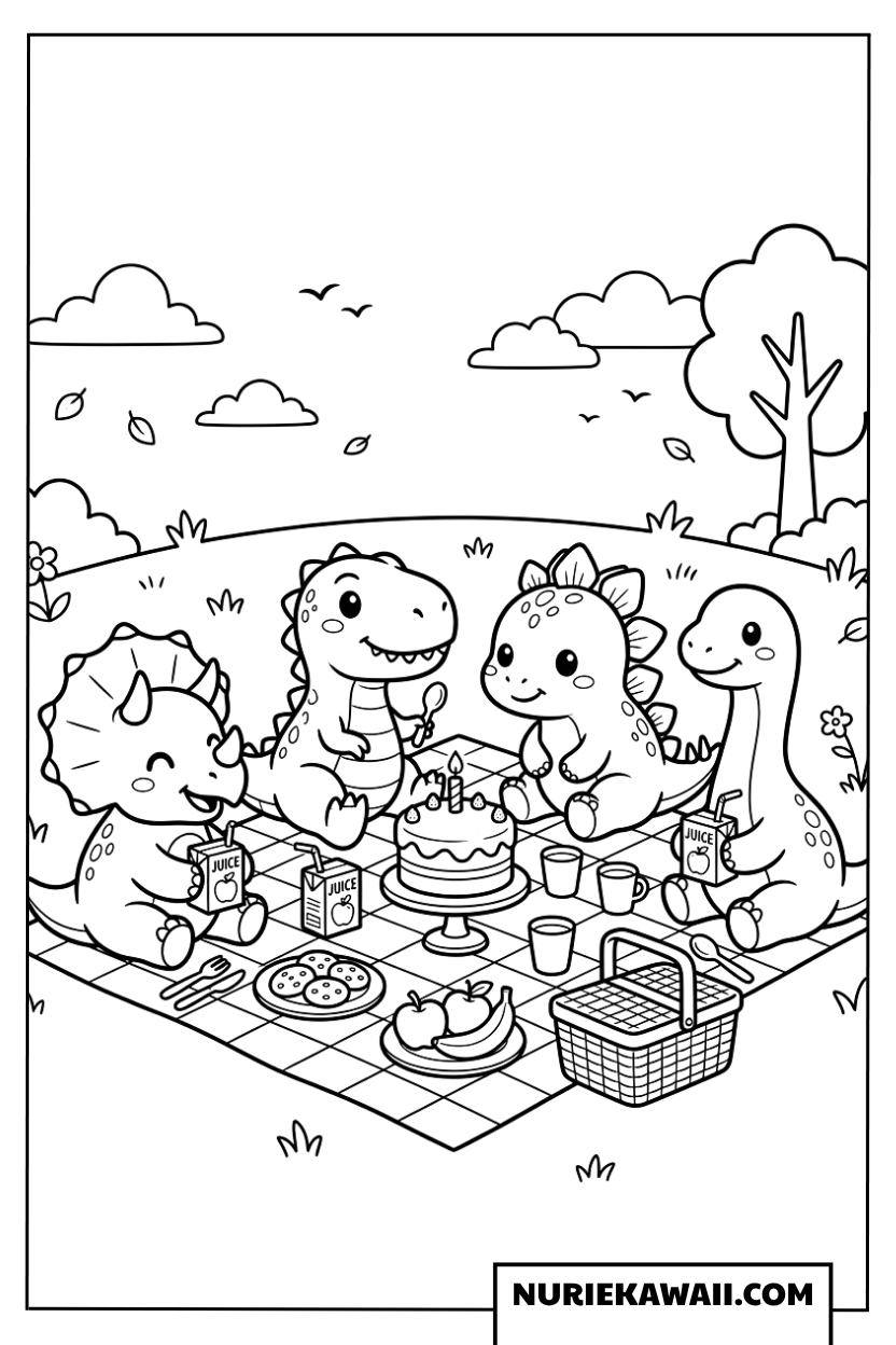 ピクニックでケーキを食べる可愛い恐竜たちの塗り絵