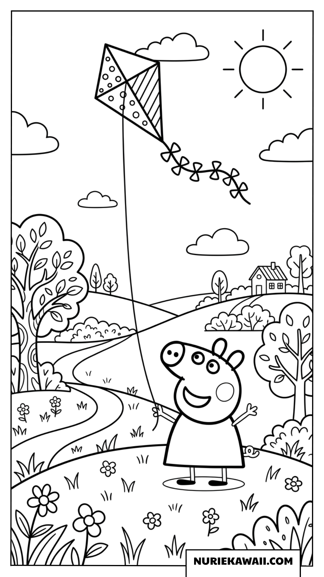 ピクニックの丘で楽しそうに凧揚げをするペッパピッグの自然塗り絵