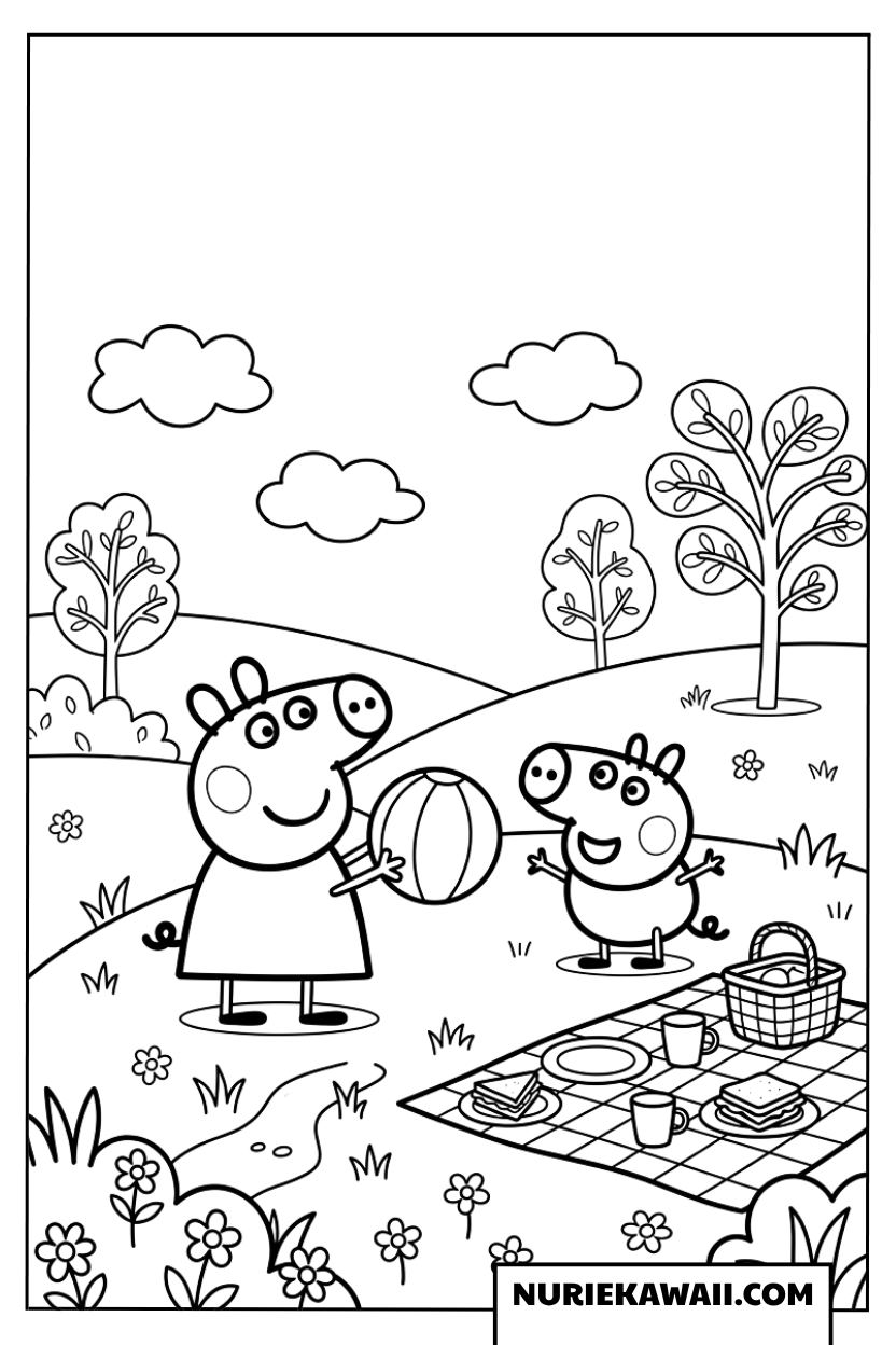ピクニックの場所で楽しそうにボール遊びをするペッパとジョージの塗り絵
