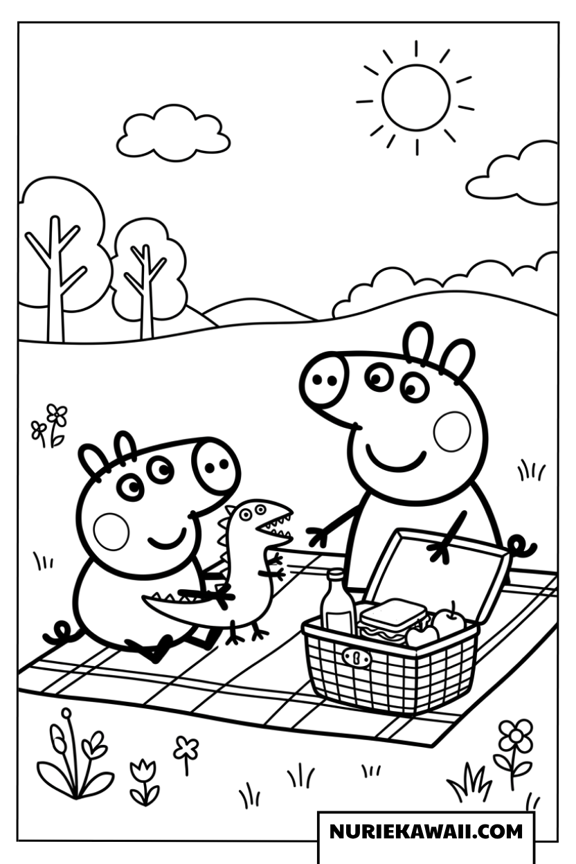 ピクニックシートで恐竜のおもちゃと遊ぶジョージとペッパの塗り絵