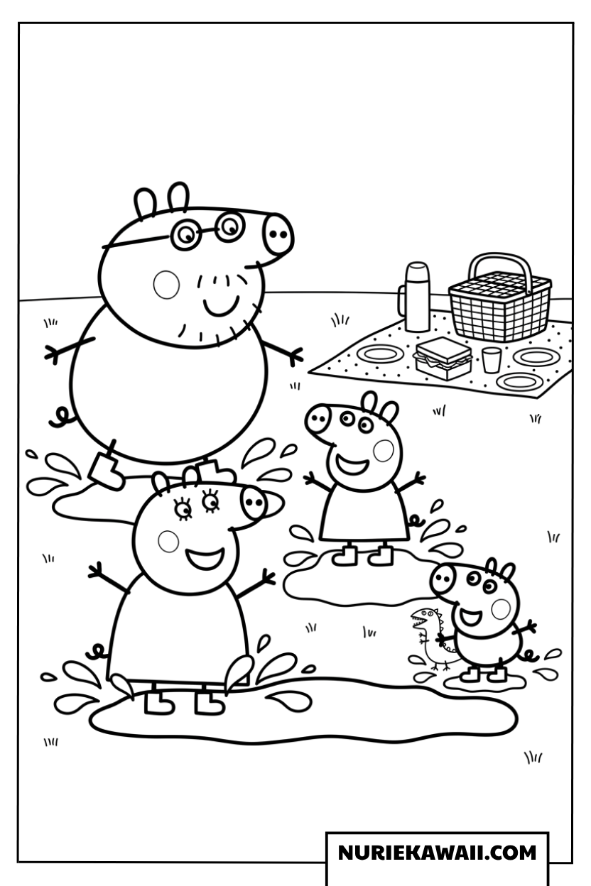 ピクニックシートの横で泥の水たまり跳びをするペッパピッグ一家の塗り絵