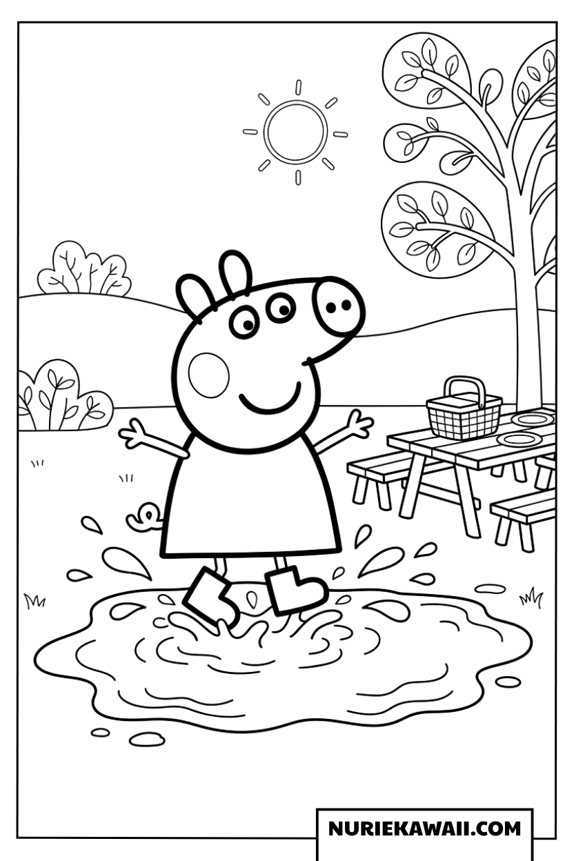 ピクニック場で泥の水たまりジャンプを楽しむペッパピッグの塗り絵