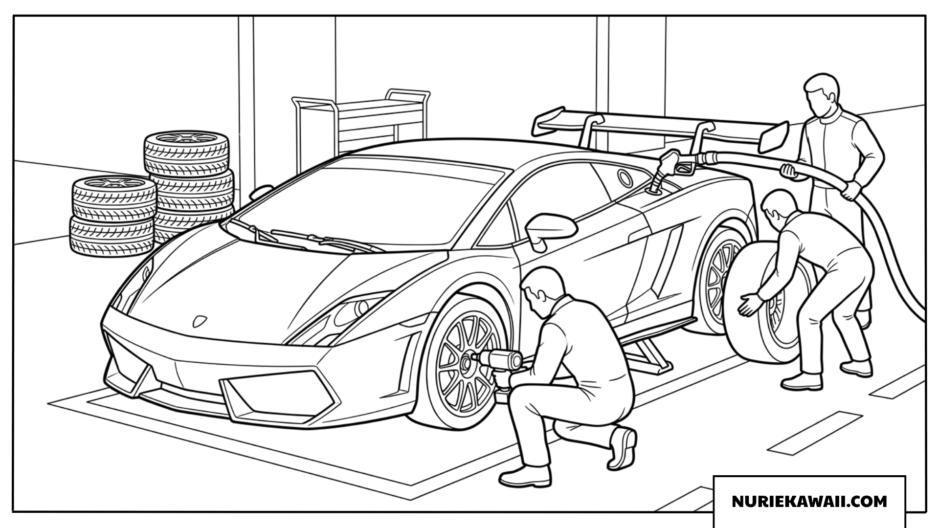 ピットストップでタイヤ交換と燃料補給を行うランボルギーニのチームの塗り絵