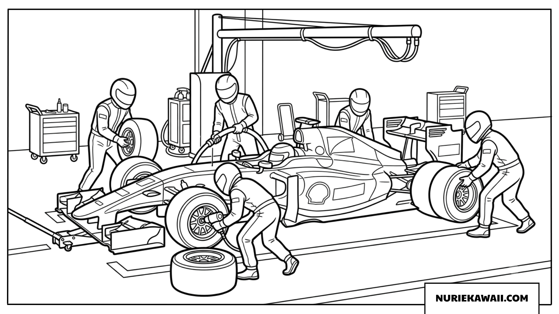 ピットストップでタイヤ交換をするF1レーシングカーの塗り絵