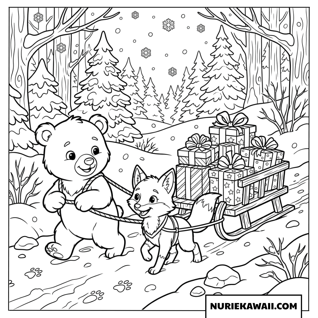 プレゼントのそりを引く子熊と子狐の楽しい冬の塗り絵