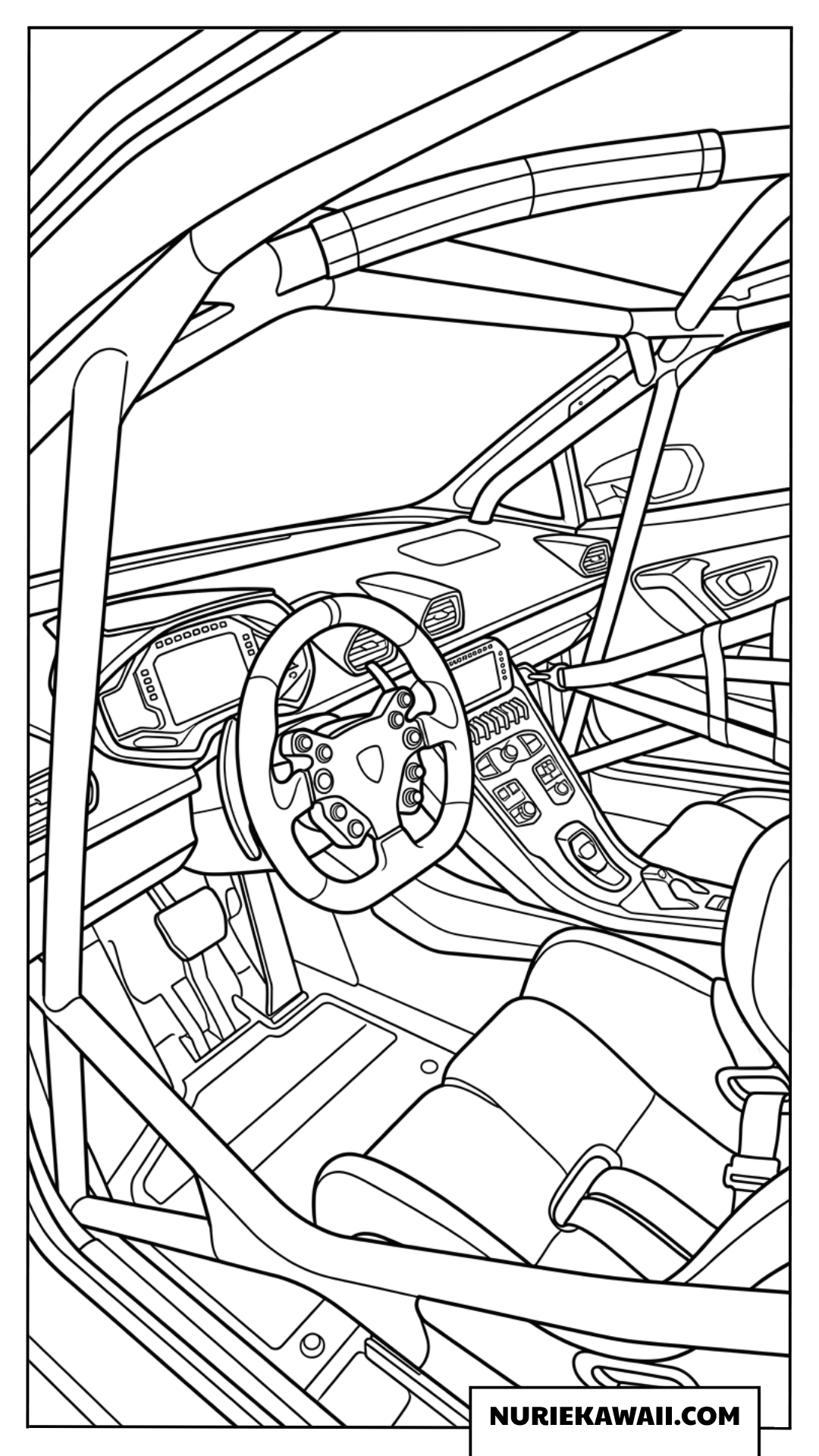 プロ仕様のランボルギーニレースカーのリアルなコックピット内部の塗り絵