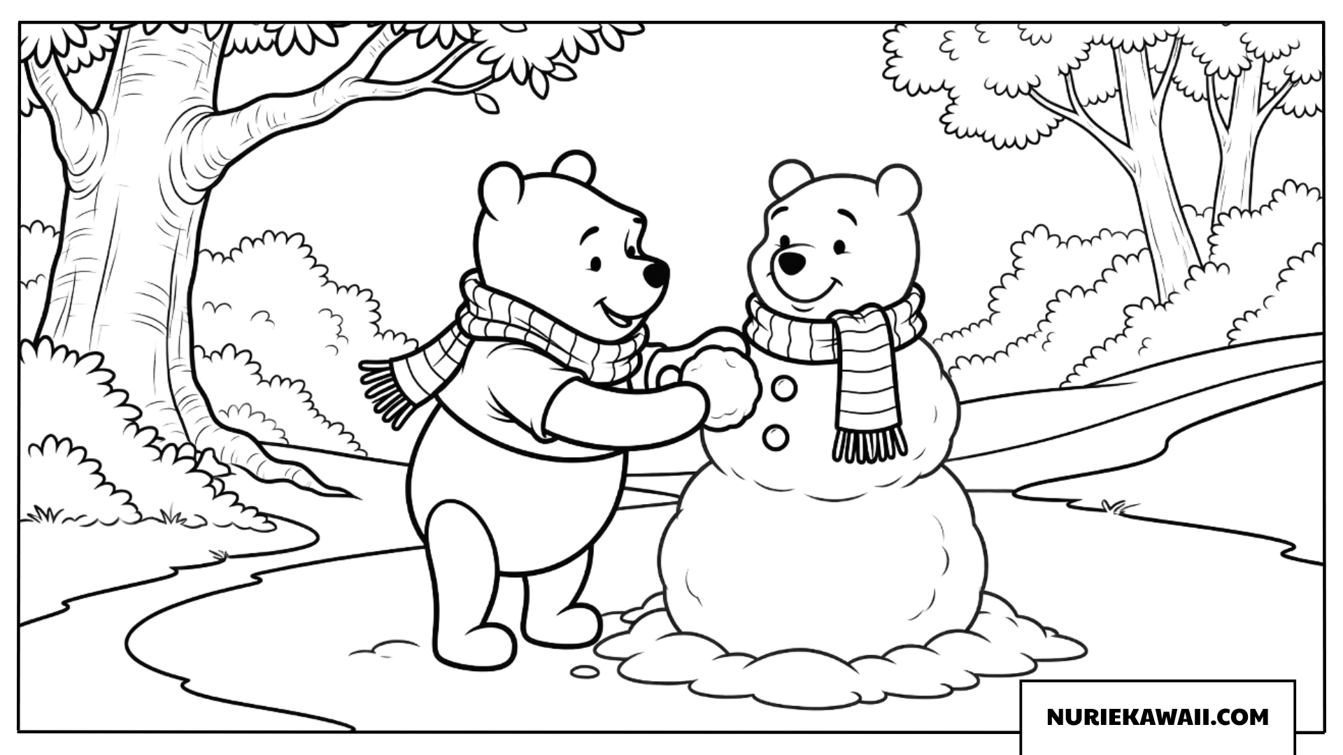 プーさんと冬の可愛い雪だるまのクリスマス塗り絵