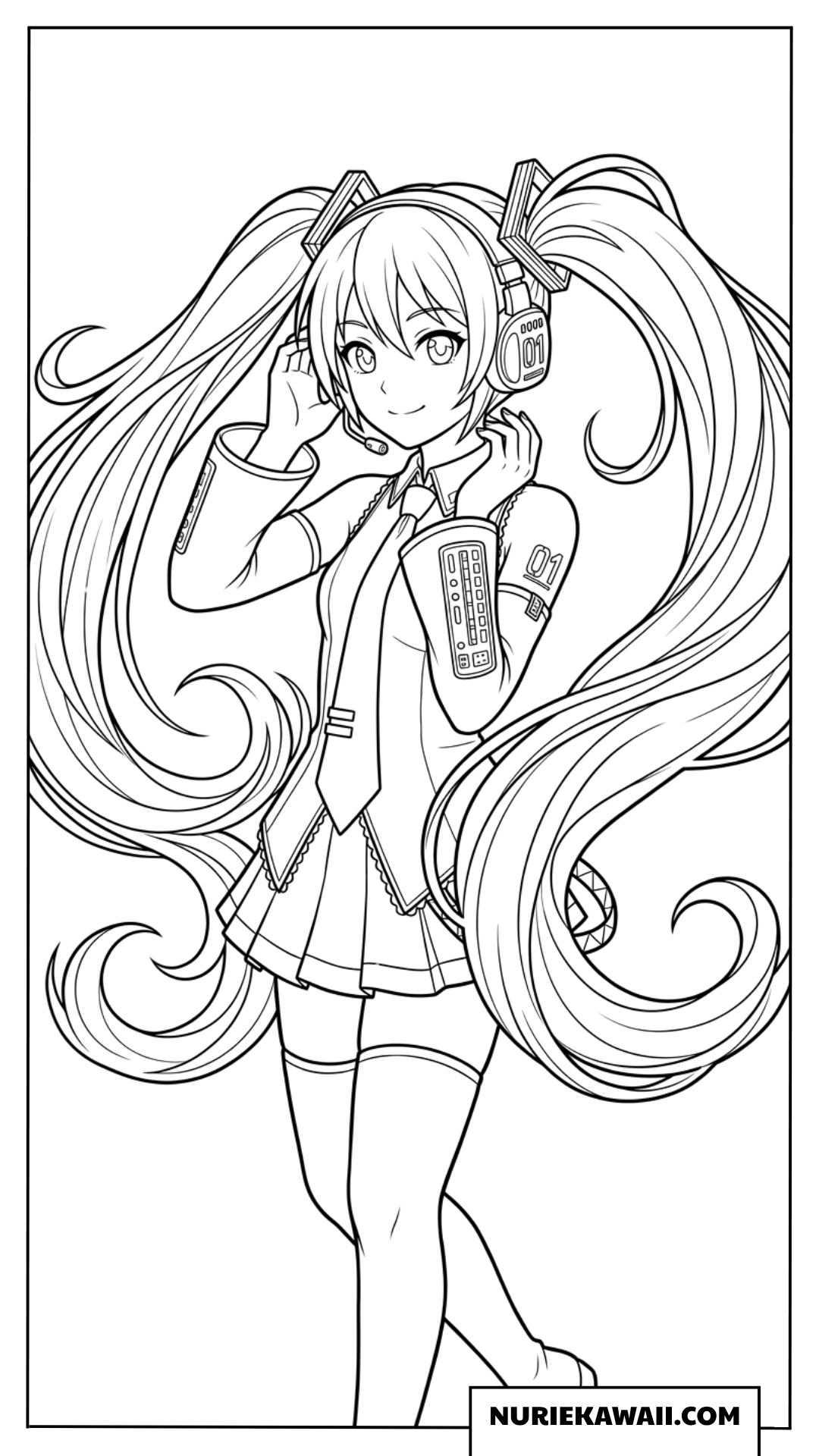 ヘッドフォンに手を添える初音ミクの塗り絵