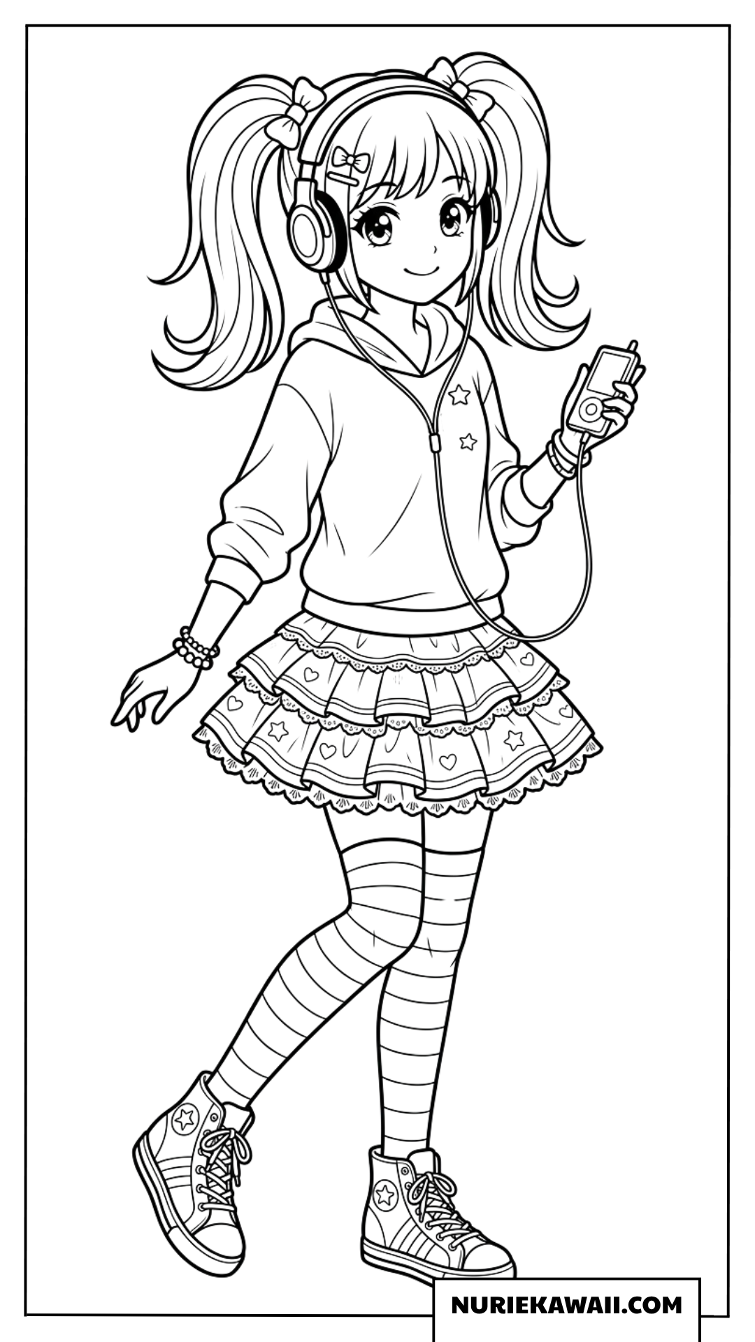 ヘッドホンで音楽を聴くツインテールの可愛い女の子の塗り絵