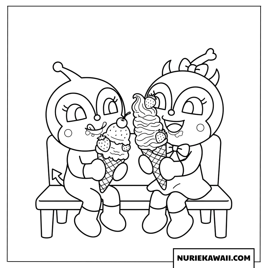 ベンチに並んで大きなアイスクリームを食べるドキンちゃんとコキンちゃんの塗り絵