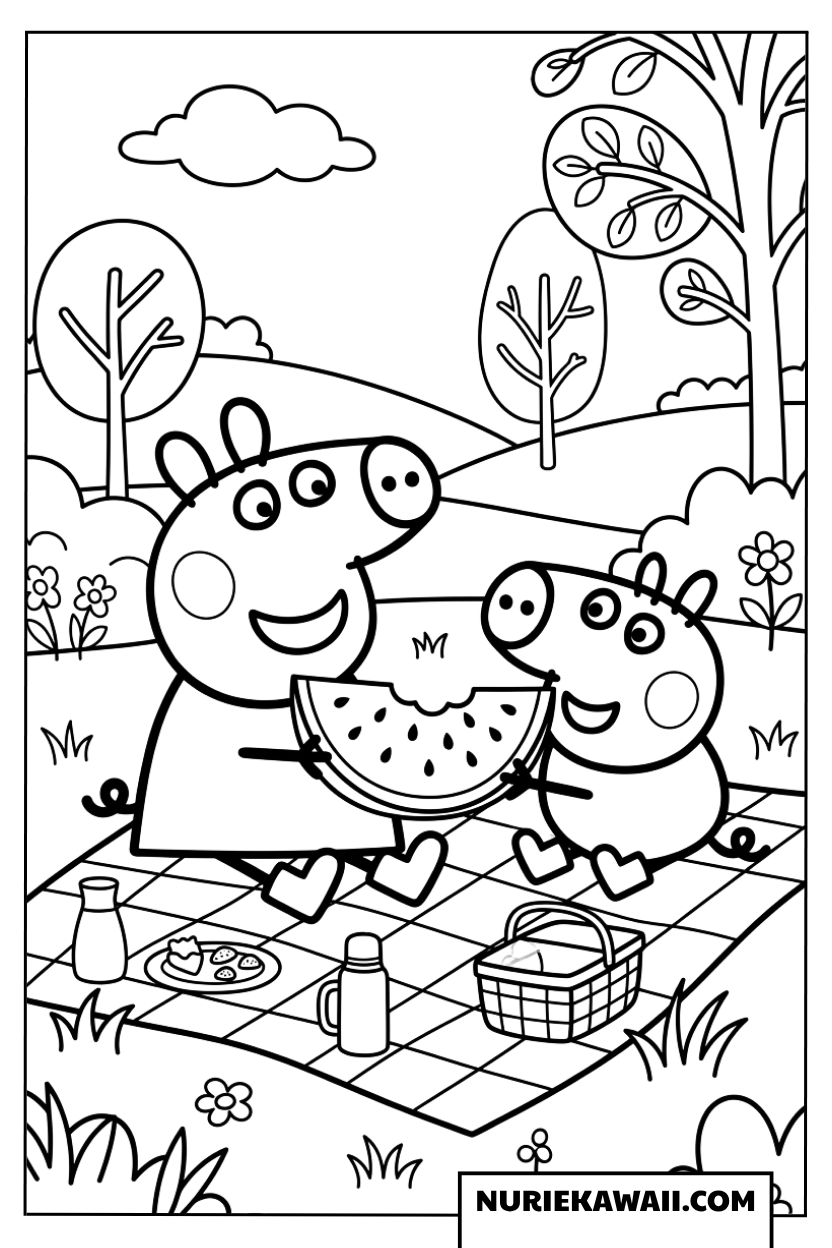 ペッパとジョージがスイカを分け合って食べるピクニックの塗り絵
