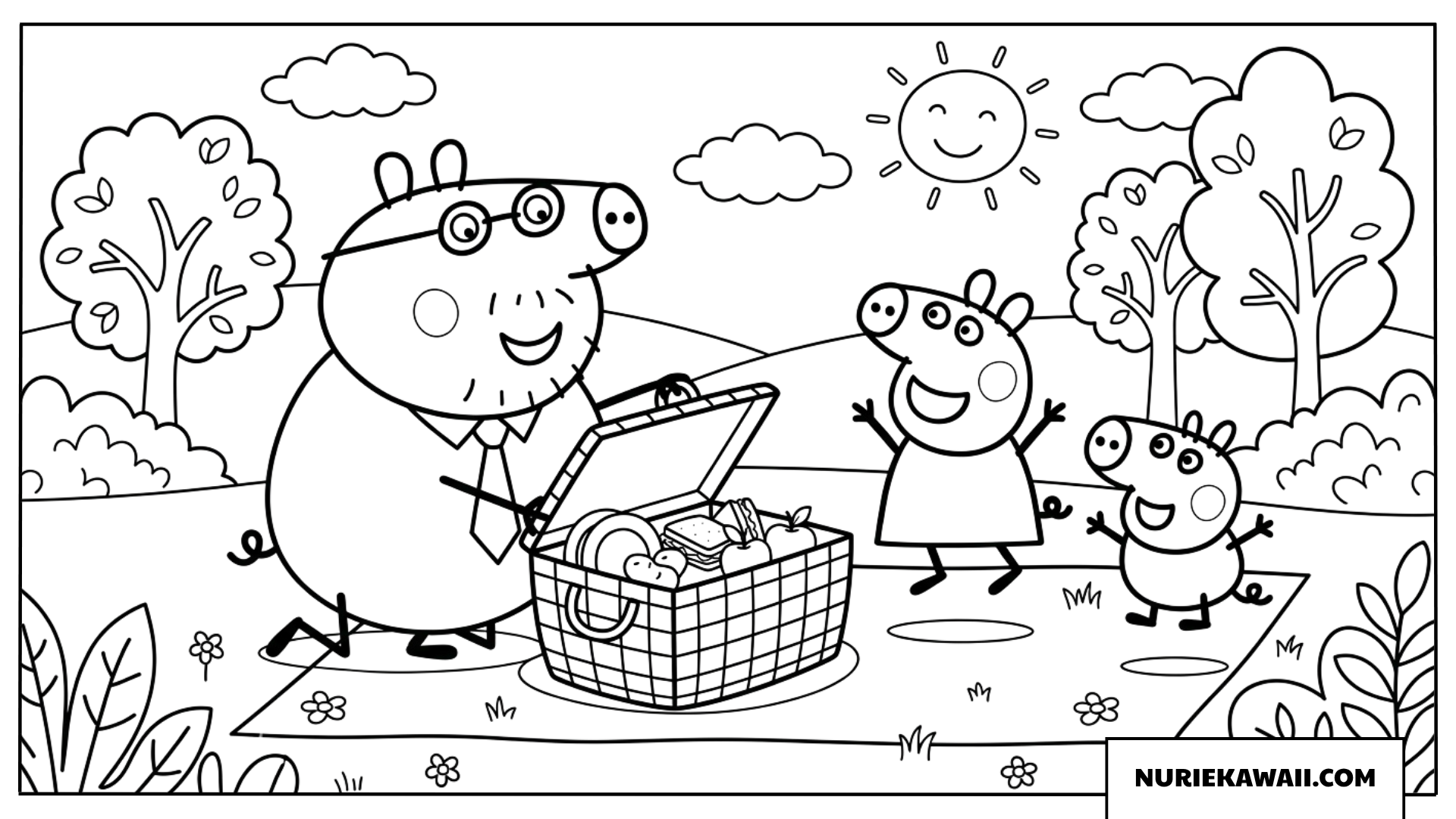 ペッパとジョージとパパピッグのピクニックバスケット塗り絵
