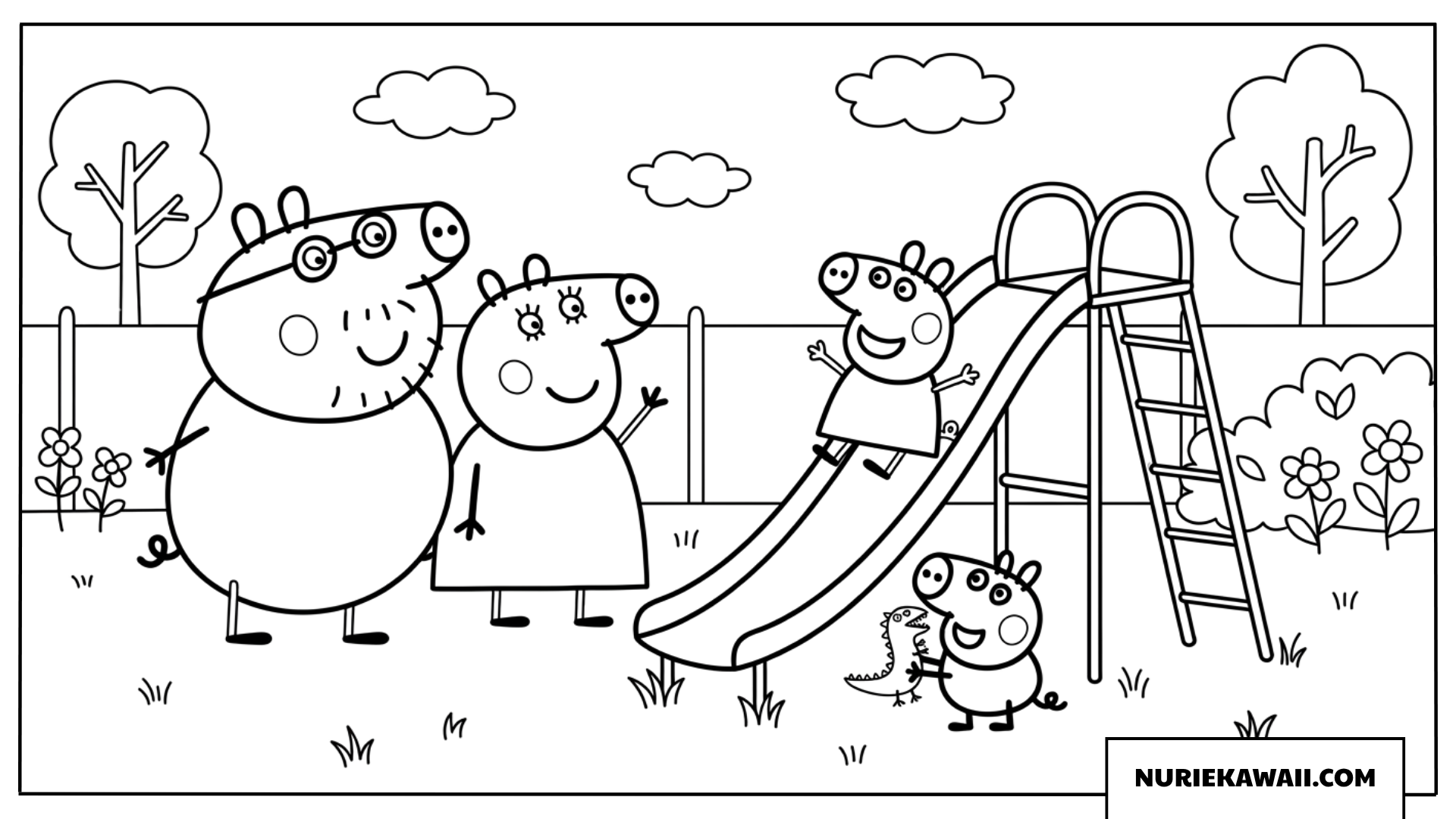ペッパピッグが公園で滑り台を楽しんでいる塗り絵