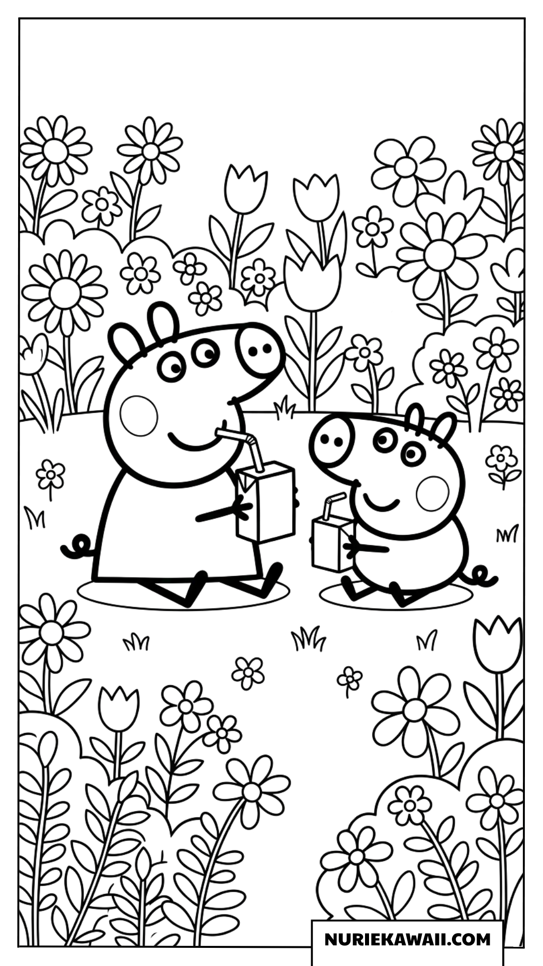 ペッパピッグとジョージピッグがお花畑でパックジュースを飲む塗り絵
