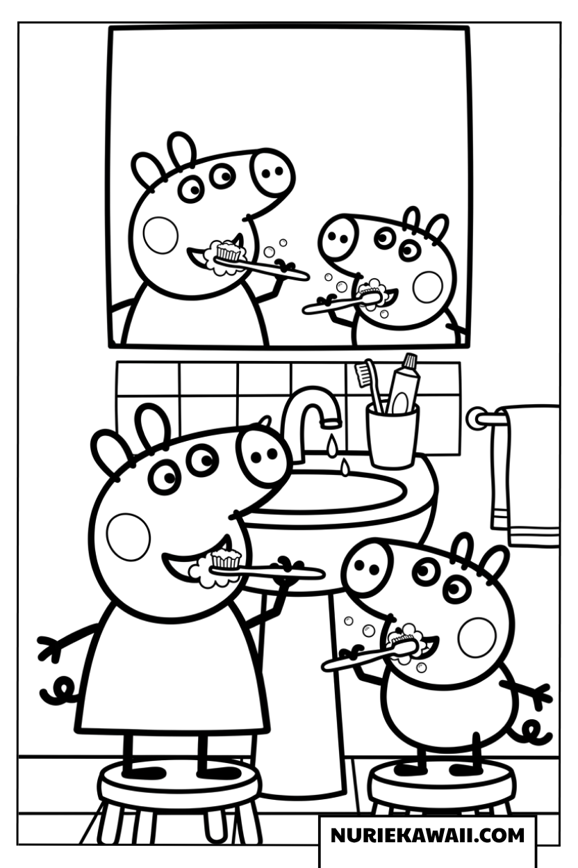 ペッパピッグとジョージピッグがバスルームで歯磨きをする塗り絵