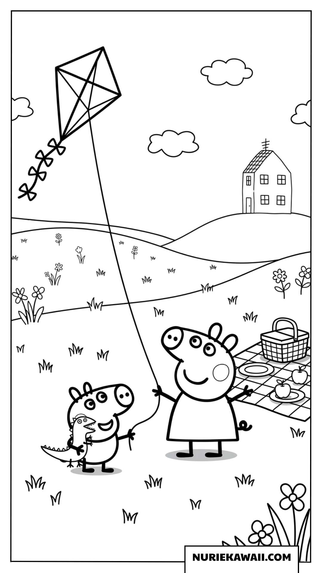 ペッパピッグとジョージピッグがピクニックで凧揚げを楽しむ塗り絵