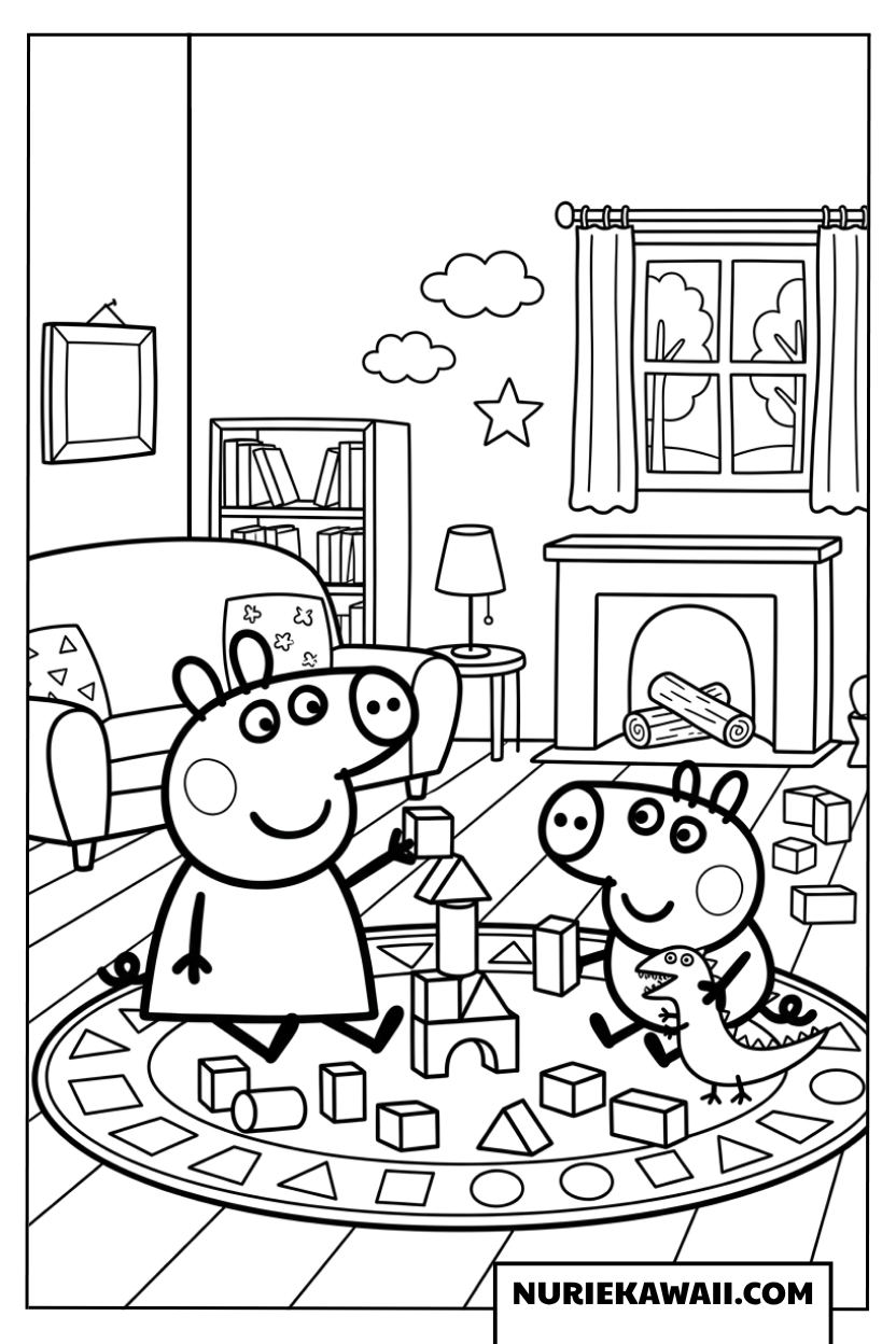 ペッパピッグとジョージピッグがリビングでオモチャで遊ぶ塗り絵