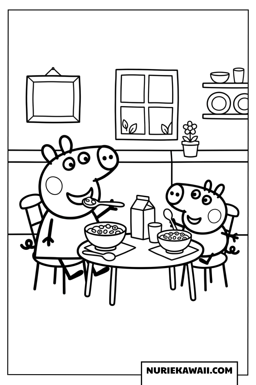 ペッパピッグとジョージピッグが一緒に楽しく朝食を食べる塗り絵
