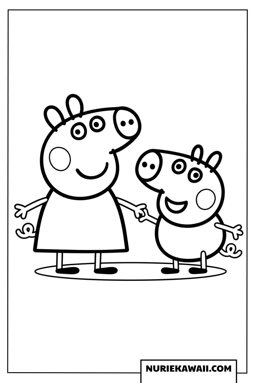 ペッパピッグとジョージピッグが仲良く手をつなぐ塗り絵