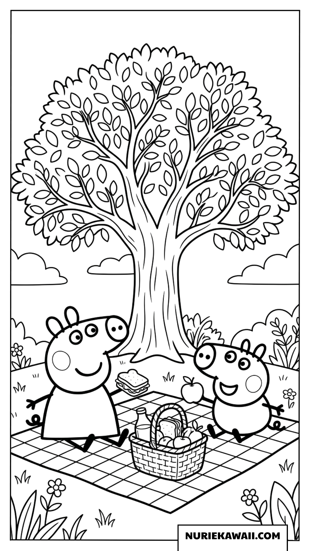 ペッパピッグとジョージピッグが大きな木の下でピクニックをする塗り絵