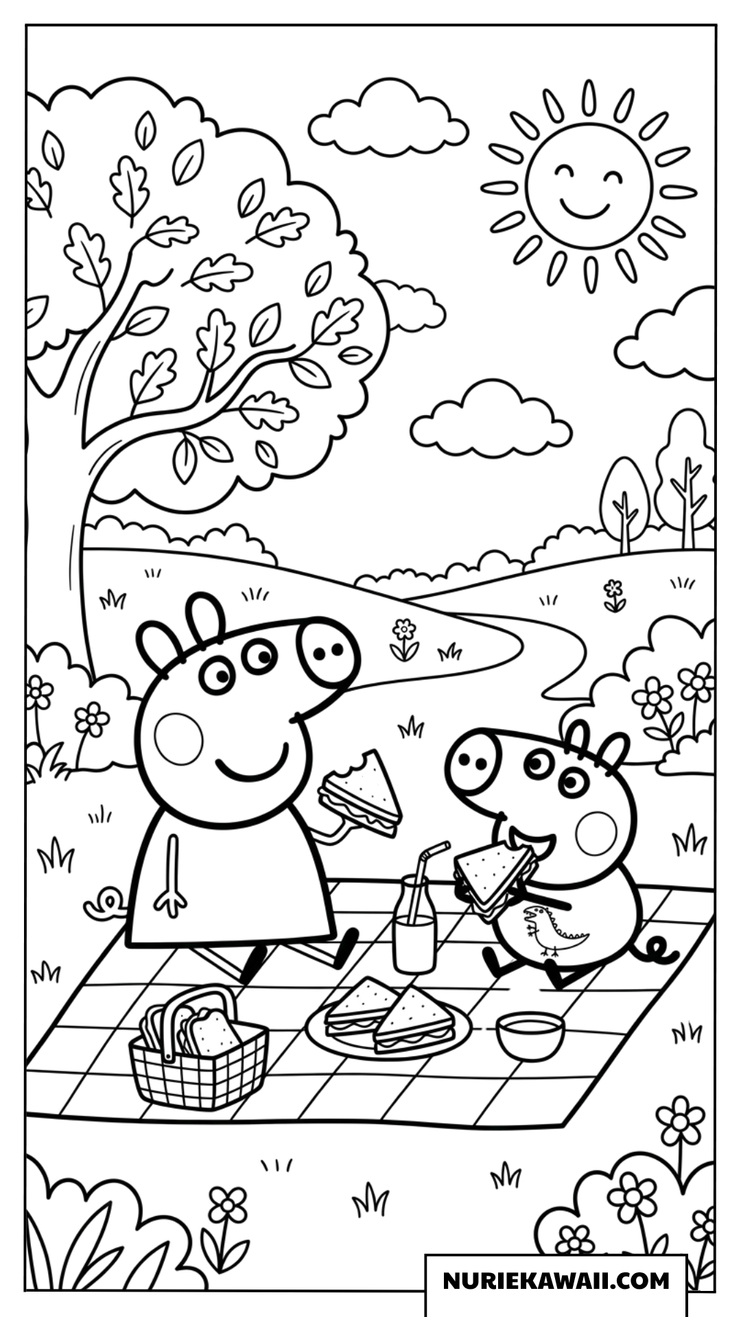 ペッパピッグとジョージピッグが晴れた日にサンドイッチを食べる塗り絵