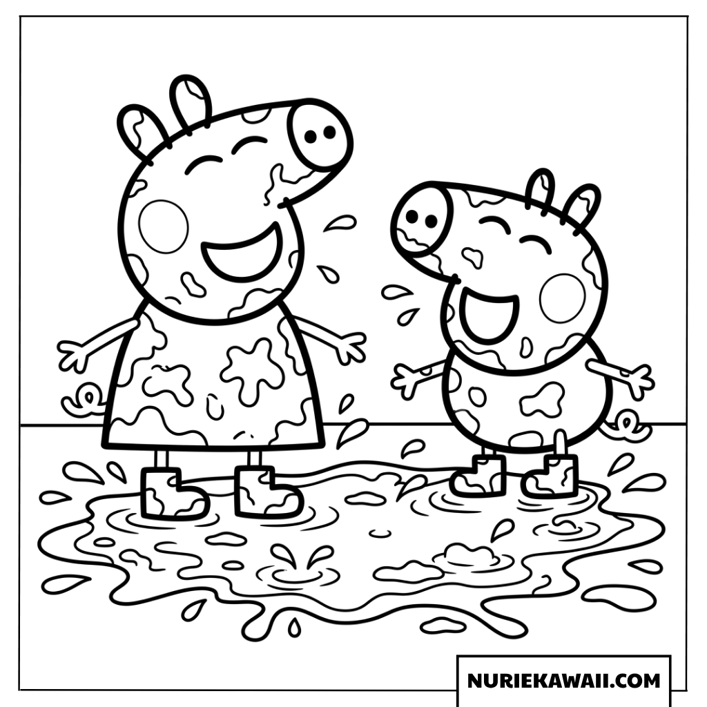 ペッパピッグとジョージピッグが泥だらけで笑顔になる塗り絵