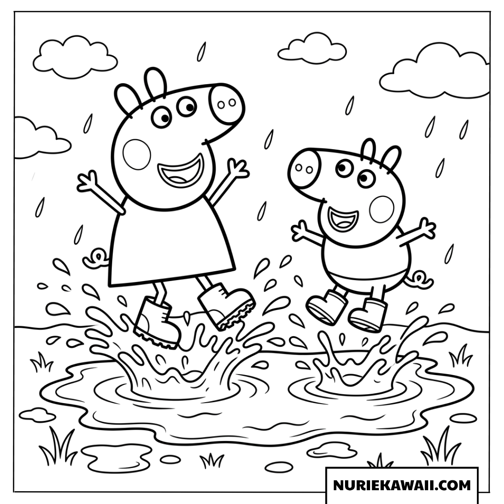 ペッパピッグとジョージピッグが泥水たまりで跳ねる塗り絵