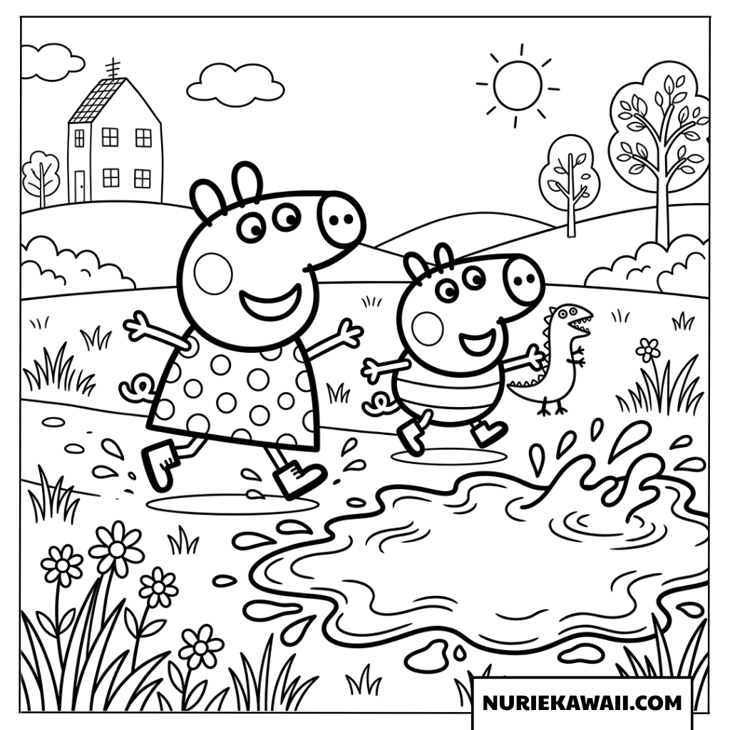 ペッパピッグとジョージピッグが泥水たまりへ走る塗り絵