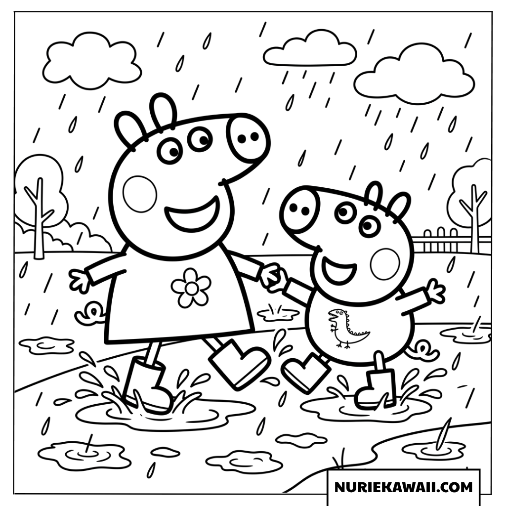 ペッパピッグとジョージピッグが雨の中で手をつなぐ塗り絵