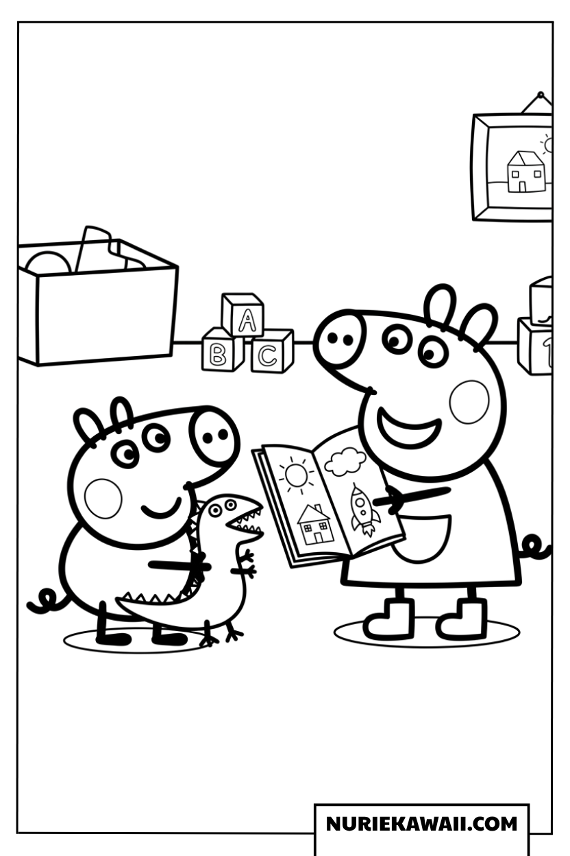 ペッパピッグの絵本読みとジョージピッグの恐竜玩具の楽しい塗り絵