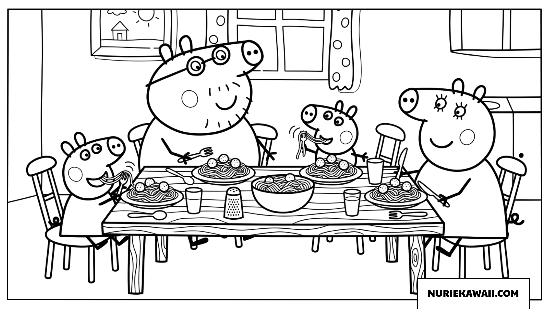 ペッパピッグファミリーが一緒にスパゲッティを楽しく食べる塗り絵
