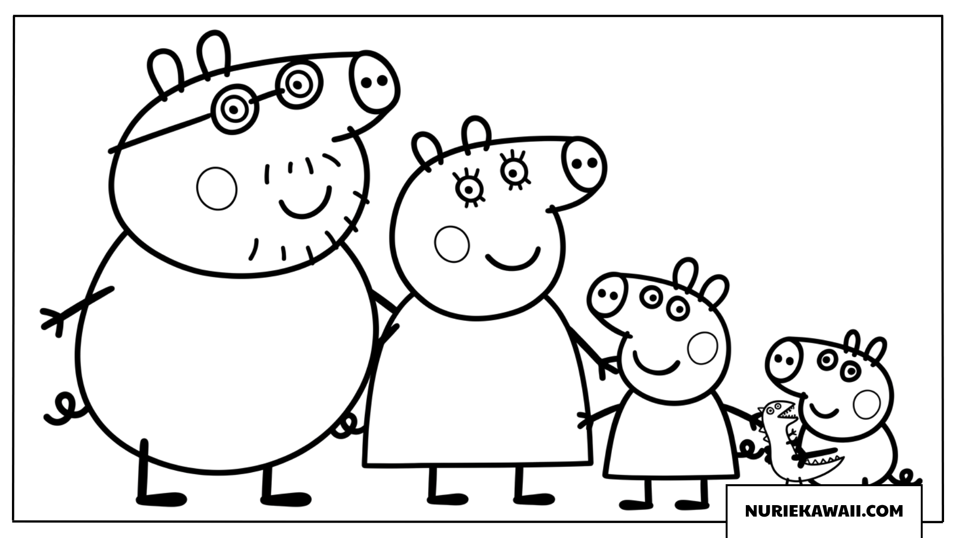 ペッパピッグ一家が仲良く並んで笑顔を見せる塗り絵