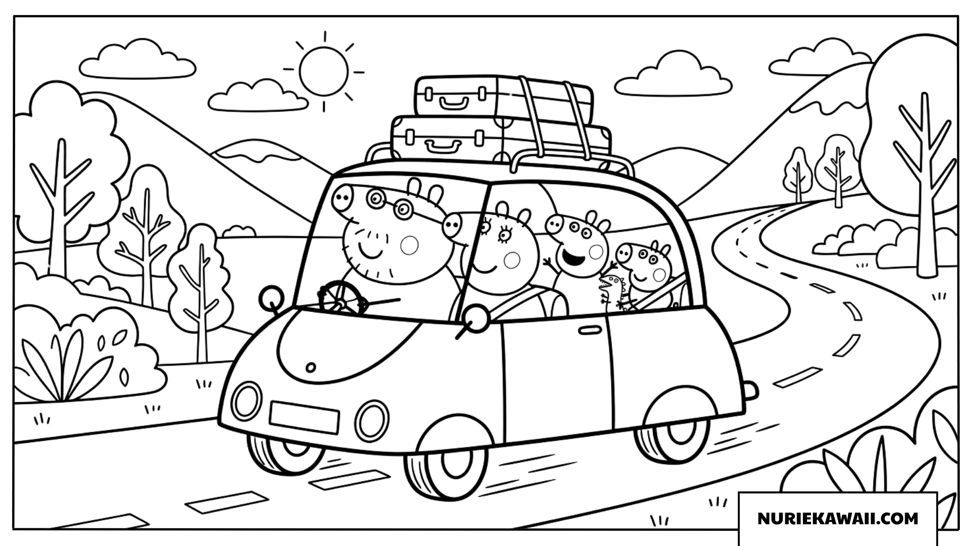 ペッパピッグ一家が車でドライブ旅行に出かける塗り絵
