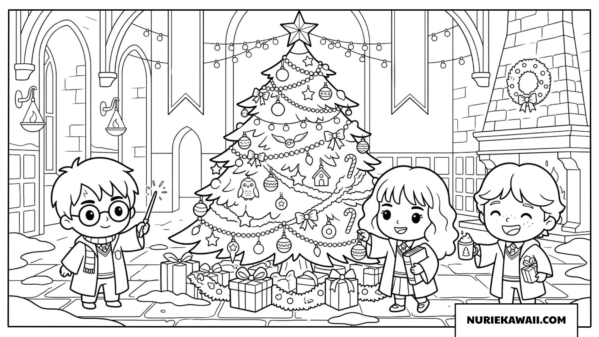 ホグワーツでツリーを飾る仲間たち塗り絵