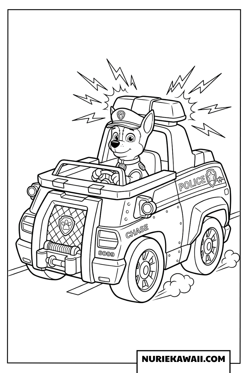 ポリスクルーザーを運転してパトロールするチェイスの 塗り絵