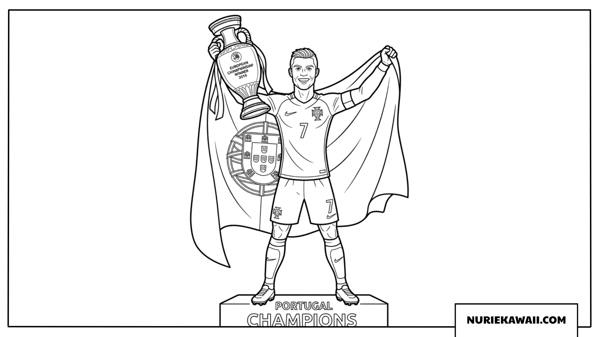 ポルトガル国旗を背負い欧州選手権のトロフィーを掲げて戴冠を祝うクリスティアーノロナウドの塗り絵
