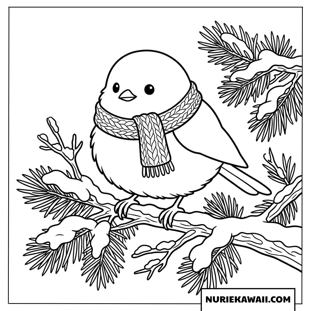 マフラーを巻いたシマエナガの可愛い冬の動物塗り絵