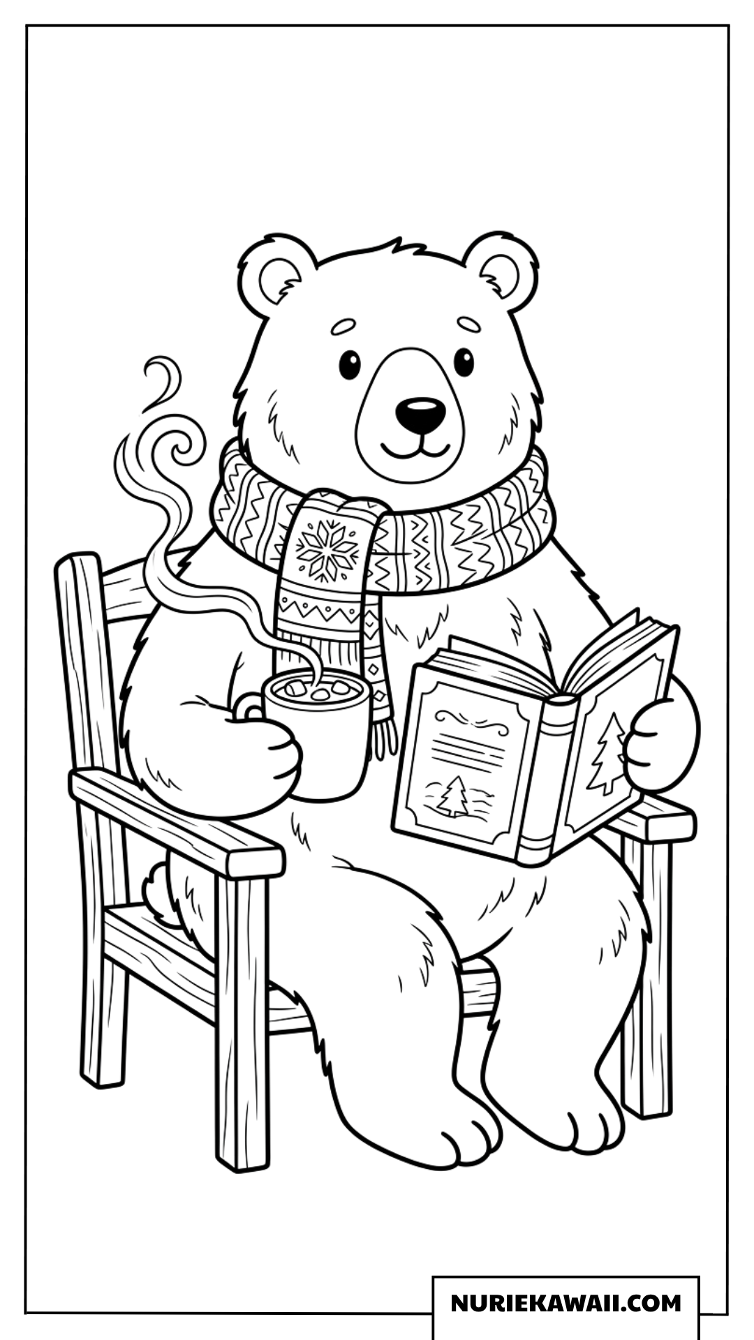 マフラーを巻いて読書と温かいココアを楽しむクマの秋の塗り絵