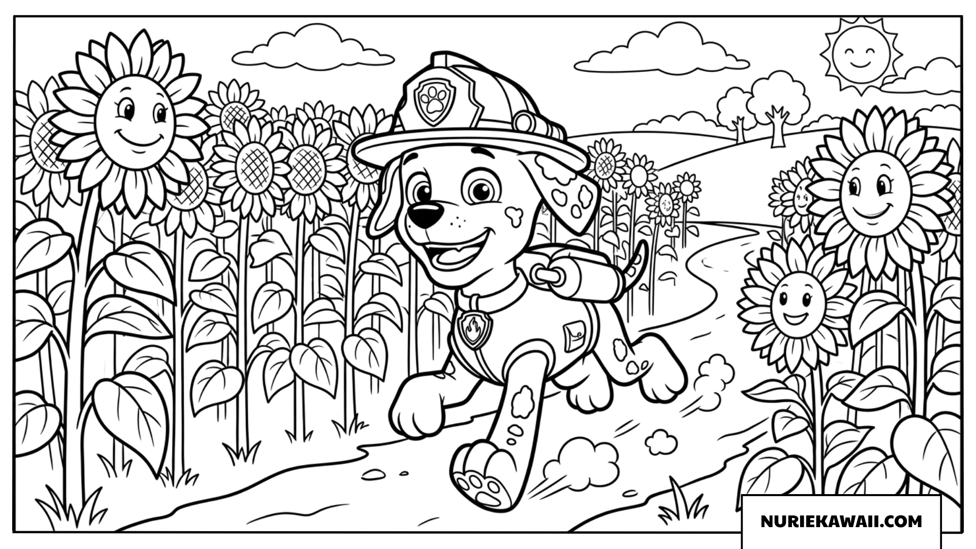 マーシャルがひまわり畑を元気に駆け抜ける夏の塗り絵