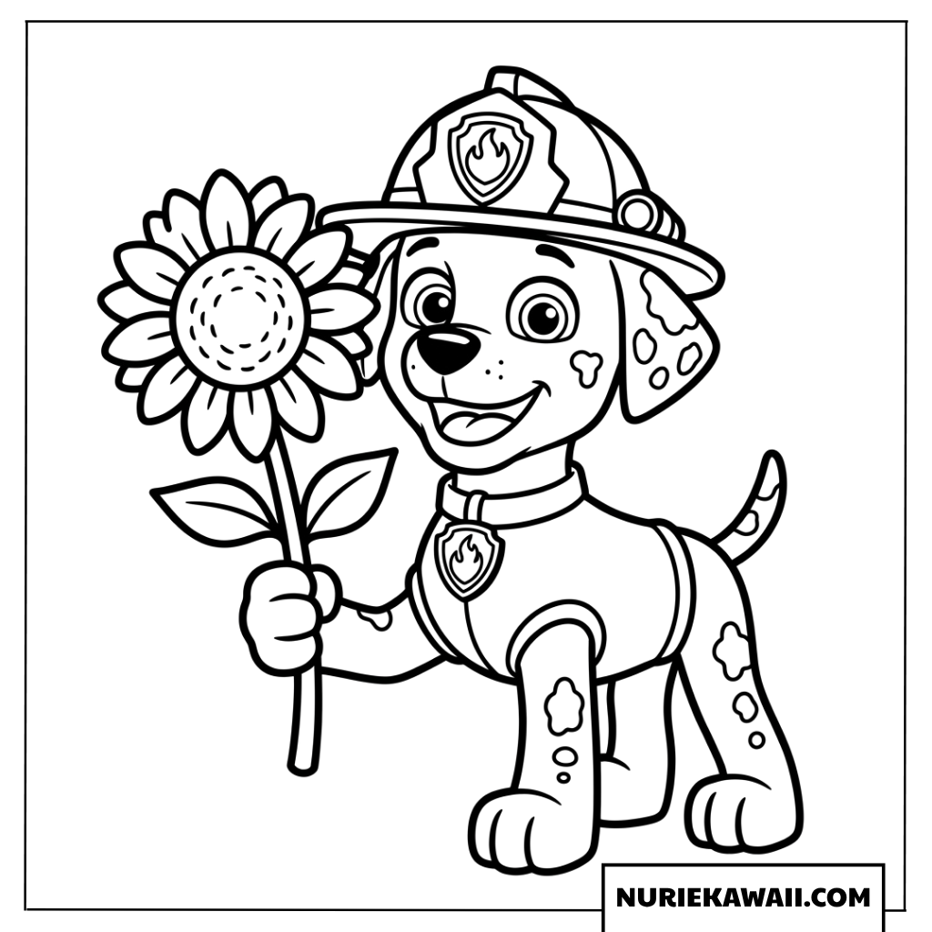 マーシャルが大きなひまわりの花を持つ夏のシンプルな塗り絵