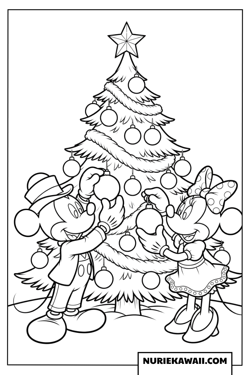 ミッキーとミニーのクリスマスツリー飾り付け塗り絵