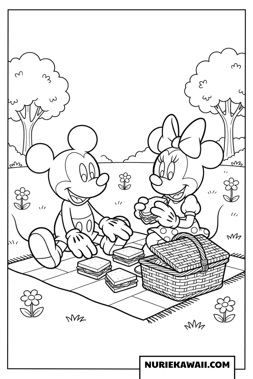 ミッキーとミニーのピクニックサンドイッチ塗り絵